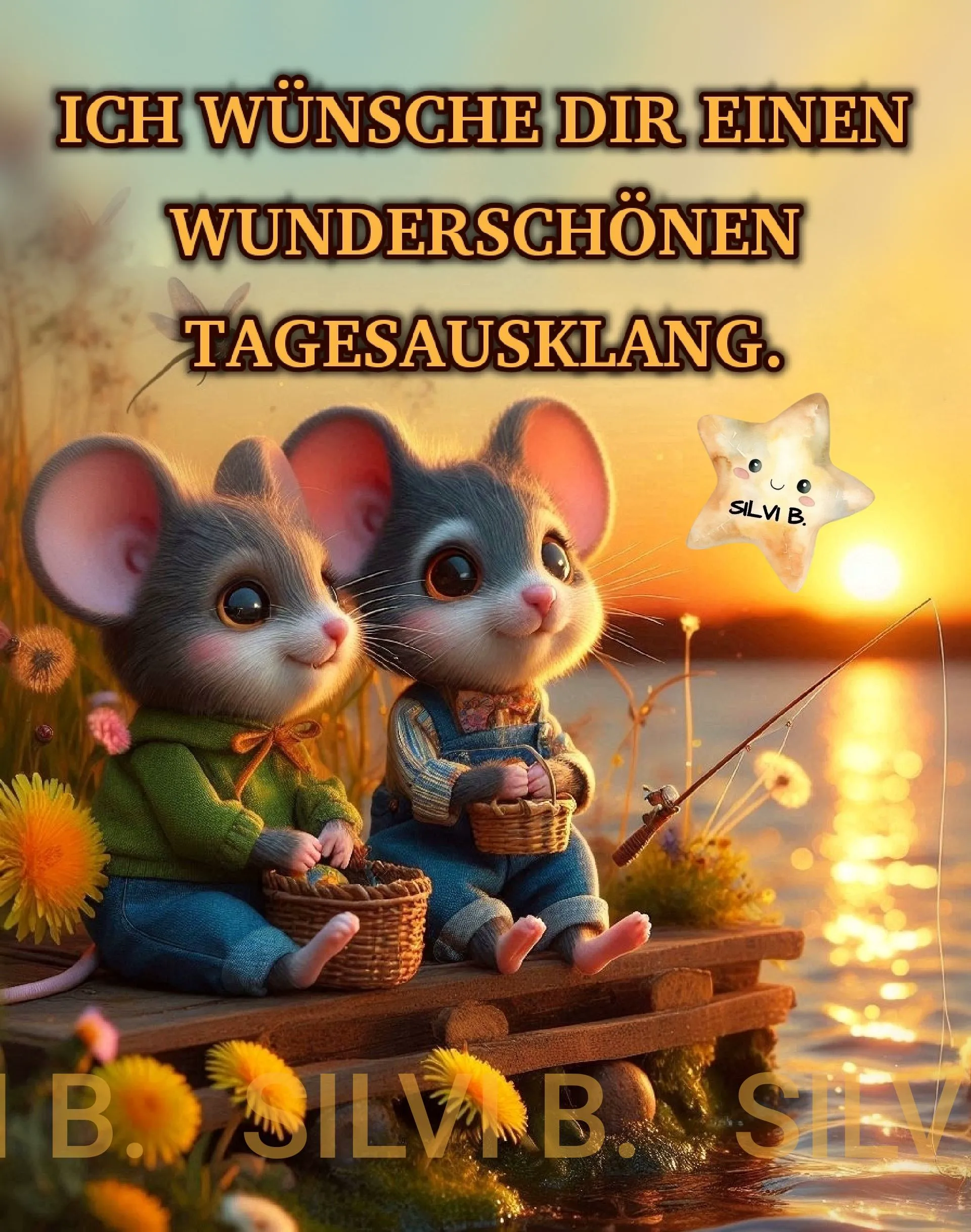 Zwei süße Zeichentrick-Mäuse angeln entspannt von einem Holzsteg im warmen Sonnenuntergang. Sie genießen den friedlichen Abend am Wasser. Ein lächelnder Stern schwebt im goldenen Licht.